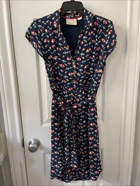 Maeve Navy Midi Dress with Red & Cream Umbrella Print